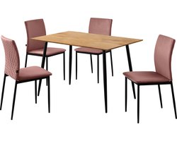 Set tafel 120 cm eiken zwart stoel roze fluweel