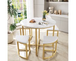 Set Tafel En Stoelen Met Vier Stoelen - Ronde Eettafel Van MDF Met Metalen Gouden Frame - Modern Voor Eetkamer En Kleine Ruimte - Wit