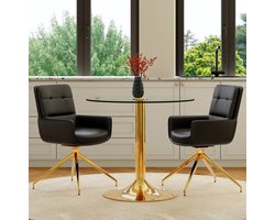 Set Tafel En Stoelen - Ronde Eettafel Met 2 Draaistoelen - Comfortabel Met Armleuningen En Hoge Rug - Glas En Metaal - Zwart Goud Transparant