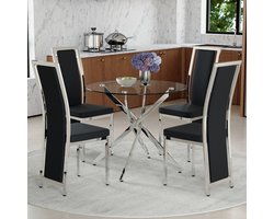 Set Tafel En Stoelen - Ronde Eettafel Met 4 Stoelen - Compact En Onderhoudsvriendelijk - Voor Eetkamer En Keuken - Metaal Zwart Zilver Transparant