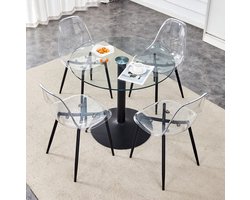 Set Tafel En Stoelen - Ronde Eettafel Met 4 Stoelen - Transparant Gehard Glas En Kunststof - Voor Eetkamer Keuken En Balkon - Zwart
