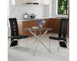 Set Tafel En Stoelen - Ronde Glazen Eettafel Met 2 Stoelen - Modern Voor Eethoek, Keuken En Balkon - Metaal Kunststof Zwart Zilver Transparant