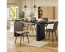 Set Tafel En Stoelen - Uitschuifbare Ovale Eettafel Met 4 Gestoffeerde Stoelen - Voor Eetkamer En Keuken - Hout En Metaal - Zwart En Grijs