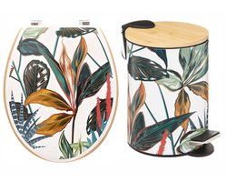 Set Toiletbril & Prullenbak – Tropische Bladeren Design – Bamboe Pedaalemmer 3L + MDF Toiletdeksel – Badkameraccessoires