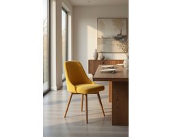 Set van 1 Ergonomische Houten Eetkamerstoel met Rugleuning – Comfortabele Gestoffeerde Keukenstoel met Afneembare Wasbare Bekleding – Design Make-up Stoel voor Eetkamer, Slaapkamer & Salon – Geel – Ganeey