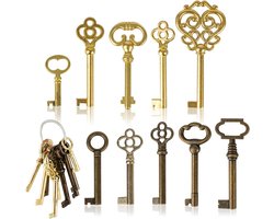 Set van 10 antieke messing skeleton sleutels - universeel voor meubels, kisten, klokken en sloten