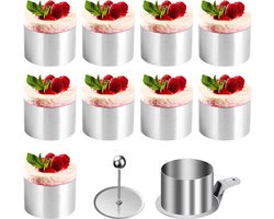 Set van 10 bakringen - Diameter 8 cm - Moussevorm van roestvrij staal - Inclusief voedselpers en spatel - Oven- en vaatwasserbestendige bakgereedschappen - Geschikt voor muffins, cheesecakes en gebak