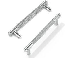 Set van 10 geborsteld satijn nikkel gekartelde kasthandgrepen, 128 mm (5 inch) gatcentrum, T-vormige zilveren keukenkast trekt voor ladekast, kast, kledingkast