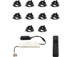 Set van 10 HOFTRONIC Sienna - LED Inbouwspot voor veranda, overkapping en badkamer - Zwart - 12 volt - Incl. afstandsbediening - Dimbaar en kantelbaar - 3 Watt 200 lumen - Zaagmaat: Ø 44 mm - extra plat 30mm - 2700K Warm wit - IP44 waterdicht