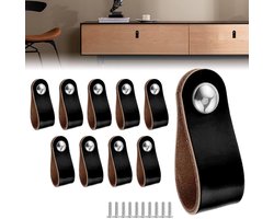 Set van 10 leren handgrepen voor meubels, kastdeuren en lades - Zwart met schroeven, ideaal voor woningdecoratie