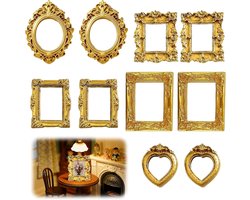Set van 10 mini vintage fotolijstjes van hars - Gouden barokstijl - Fotorekwisieten met reliëf - Wanddecoratie - Geschikt voor thuis, kantoor, school en doe-het-zelfprojecten