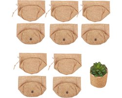 Set van 10 plantzakjes - Plantenpotjes voor vetplanten - Kleine linnen zakjes - Linnen zakjes met trekkoord - Bruin - Dubbellaags met perforaties, enkellaags met trekkoord - Geschikt voor binnen- en buitenplanten en bloemen