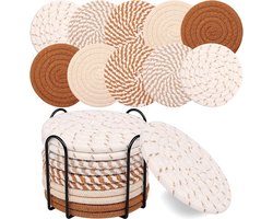 Set van 10 Ronde Onderzetters met Standaard - Onderzettersset - Thermische isolatie - Antislip Gevlochten Katoenen Onderzetters - Onderzetters voor glazen - voor Glazen - Voor dranken, bar, kopjes, tafelonderzetters - Khaki/Wit