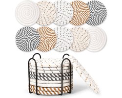 Set van 10 Ronde Onderzetters met Standaard - Onderzettersset - Thermische isolatie - Antislip Gevlochten Katoenen Onderzetters - Onderzetters voor glazen - voor Glazen - Voor dranken, bar, kopjes, tafelonderzetters