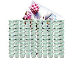 Set van 100 potten 230 ml jampot Inmaakpot Inmaakpot Naar 82 groen geblokt deksel incl. Diamant-Zucker Gelierzauber receptenboekje