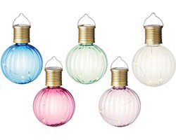 Set van 10x stuks buiten led lichtroze, groene, blauwe, witte en roze lampion solar verlichting 11 cm
