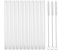 Set van 11 lange glazen rietjes met 3 nylon borstels, korte glazen rietjes 15 cm, vaatwasmachinebestendige glazen rietjes, glazen rietjes
