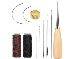 Set van 11 Leernaalden met Draad en Duwring - Handgereedschap voor DIY Leer, Tapijt en Matras Reparatie