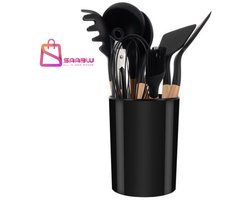 Set van 11 Siliconen Keukengerei met Houder – Hittebestendig en Duurzaam – Houten Handvatten –keukenmachines –keukengerei houder – keukengerei set–keukengerei hout – keukengerei siliconenS– keukengerei houder organizer– Zwart/Beige– 43438