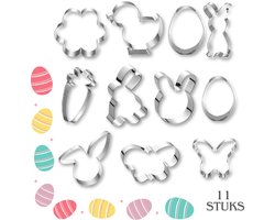 Set van 11 uitsteekvormen Lente - roestvrij staal - koekjes - fondant - knutselen - koekjes bakken - paashaas - paasei - bloem - wortel - kuiken - chocola - bakken met kinderen - uitstekers
