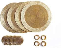 Set van 12 Glazen Kralen Placemats, Onderzetters en Servetringen - Goudkleurig en Ronde Vorm - Handgemaakt van India - 32 cm Diameter