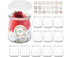 Set van 12 glazen potjes met deksel – 150 ml bewaarpotjes voor yoghurt, desserts, confituur en honing
