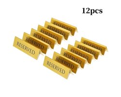 Set van 12 Gouden Tafelbordjes Reserved - Roestvrij Staal (RVS) - Dubbelzijdig Gereserveerd Bord voor Horeca, Bruiloften & Evenementen - 15x4 cm