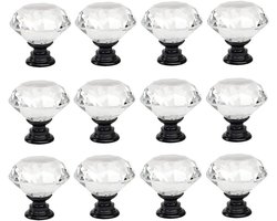 Set van 12 Heldere Kristallen Deurgrepen - 30mm Diamant Knoppen voor Kasten, Lades en Deuren met Schroeven (Zwart + Transparant)
