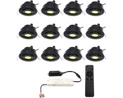 Set van 12 HOFTRONIC Sienna - LED Inbouwspot voor veranda, overkapping en badkamer - Zwart - 12 volt - Incl. afstandsbediening - Dimbaar en kantelbaar - 3 Watt 200 lumen - Zaagmaat: Ø 44 mm - extra plat 30mm - 2700K Warm wit - IP44 waterdicht