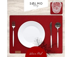 Set van 12 hoogwaardige vilten placemats, 42 x 32 cm, afwasbaar, vilten onderzetters, onderzetters + glazen onderzetters, geschikt voor tafel van echt hout, rood