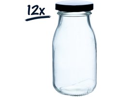 Set van 12 Kleine Melkflesjes van 200 ml met Zwarte Dop - Glazen Tafeldecoratie