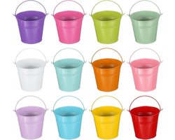 Set van 12 Kleurrijke Mini Metalen Emmertjes met Handvat voor Decoratie en Knutselen