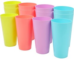 Set van 12 kleurrijke plastic bekers - herbruikbare drinkbekers van 600 ml in 4 kleuren - stevige plastic bekers voor feesten, kamperen, barbecues, picknicks en strand - vaatwasmachinebestendig en BPA-vrij