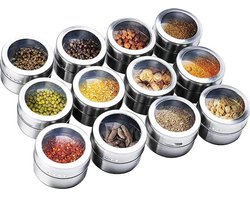Set van 12 kruidenpotjes van roestvrij staal met transparante deksels, magnetische bewaarpotjes, geschikt Geschikt voor koelkasten en barbecues.