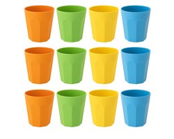 Set van 12 Kunststof Bekers – 300 ml – Onbreekbaar – 4 Kleuren (Geel, Oranje, Blauw, Groen) – Vaatwasserbestendig – Polypropyleen – Herbruikbaar