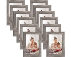 Set van 12 rustieke fotolijsten 10x15 cm, grijze houten fotolijst met houtnerf, collageset voor wand- of tafelstandaard