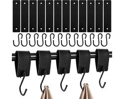 Set van 12 S-haken met leren lus - stabiele roestvrijstalen haken voor kledingstang - 12,5 x 3 cm - haken om op te hangen voor garderobe, camping, keuken, badkamer - duurzaam en sterk