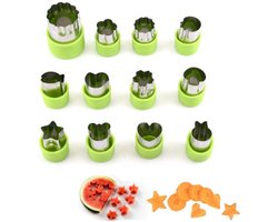 Set van 12 stuks groentesnijders - RVS snijder met handbescherming - mini-koekjesvormpjes - bloemenster, hartvormige dierenstempel - voor kinderen - leuke fruitsnijders - voor het snijden van vormen - Groen
