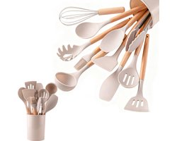 Set van 12 stuks siliconen keukengereedschap met houten handvat - opbergemmer - antiaanbakpan & keukengereedschap - kookspatel en lepelset