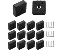 Set van 12 Vierkante Rubberen Buffers – Zwarte Antislip Meubelvoeten, Schroefbaar, Elastische Beschermdoppen voor Tafels, Stoelpoten en Vloeren (30 x 30 x 11 mm)