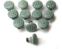 Set van 12 vintage kastknoppen, ronde keramische handgrepen van 34 mm, meubelgrepen, vintage ronde meubelgrepen, geschikt voor kaptafels en kastdeuren (groen).
