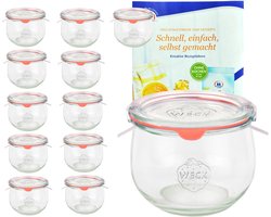 Set van 12 Weck potten 580ml tulpenpotten 1/2L met 12 glazen deksels, 12 inmaakringen en 24 klemmen incl. geleer-magie receptenboekje van Diamantzucker