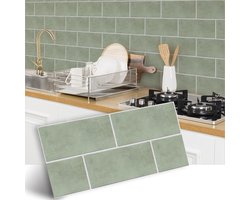 Set van 12 Zelfklevende 3D Tegels - Tegelstickers - Plaktegels - Folie Losmaken En Aanbrengen - Keuken - Badkamer - Saliegroene Steen - 30x15cm - Zelfklevende 3D Muurstickers