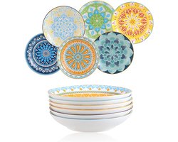 Set van 15 Porseleinen Pastaborden en Saladeschalen - Breed en Ondiep - Magnetron- en Vaatwasserbestendig (680ml)