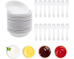 Set van 16 Witte Dipschalen met Lepel - Ronde Sauskommen voor Snacks, Noten en Desserts (7 x 2 cm)