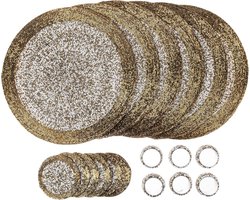 Set van 18 glazen kralen placemats, onderzetters en servetringen - goud en wit, handgemaakt, 32 cm