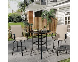 Set van 2 360° draaibare barkrukken voor op het terras - Buitenstoelen met hoge rugleuning en armleuningen op barhoogte - Weerbestendig metalen frame voor terras, gazon en tuin - 123 × 64 × 64 cm - Bruin