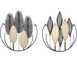 Set van 2 3D Metaal Wanddecoratie Blad voor Moderne Woonkamers - Zwart en Goud 40 x 46 cm