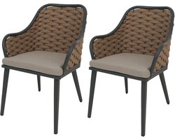 Set van 2 aluminium tuinstoelen MCW-O16, buitenstoel, Olefin (200 g/m²) rope weave Touw ~ beige kussen lichtbruin