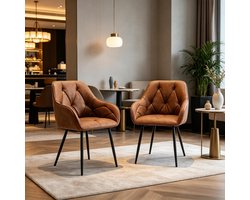 Set van 2 Armleunstoelen - Ergonomische Eetkamerstoelen Met Zachte Vulling - Voor Eetkamer En Woonkamer - Kunstleer - Bruin